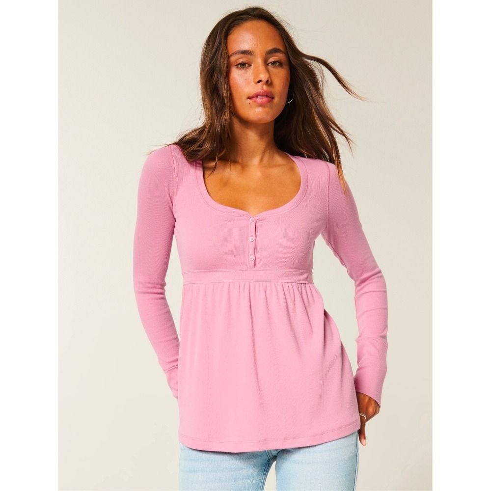 Hollister Y2K Tie-Back Henley Babydoll Top Sz M Womens Dusty Pink Long Sleeve